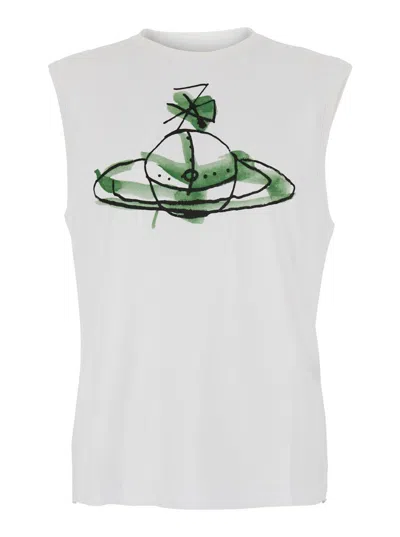 Vivienne Westwood White Crew Neck Top With Orb Print On The Front In Cotton Man In Grey