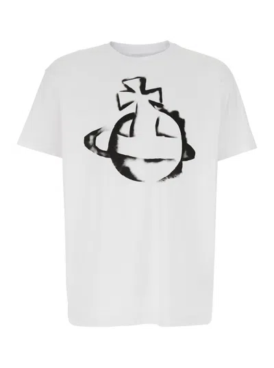 VIVIENNE WESTWOOD WHITE CREWNECK T-SHIRT WITH MAXI ORB LOGO PRINT ON THE FRONT IN COTTON MAN
