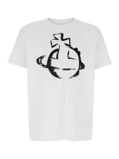 VIVIENNE WESTWOOD WHITE CREWNECK T-SHIRT WITH MAXI ORB LOGO PRINT ON THE FRONT IN COTTON MAN
