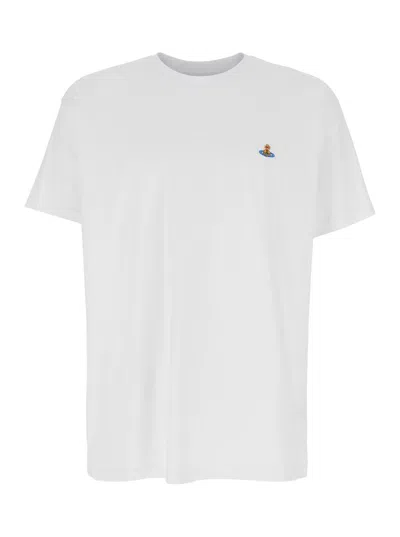 VIVIENNE WESTWOOD WHITE CREWNECK T-SHIRT WITH ORB LOGO DETAIL ON THE FRONT IN COTTON WOMAN