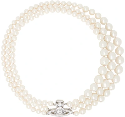Vivienne Westwood White Graziella Three Row Pearl Necklace In Platinum
