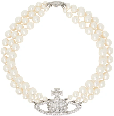 Vivienne Westwood White Three Row Bas Relief Choker In P127 Platinum/pearl/