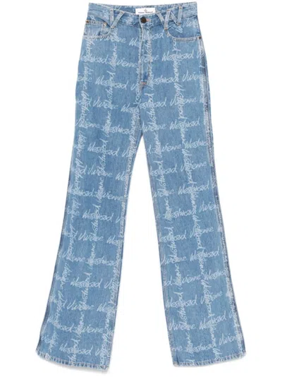 Vivienne Westwood Wide-leg Jeans With All-over Logo Print And Concealed Fastening In Blue
