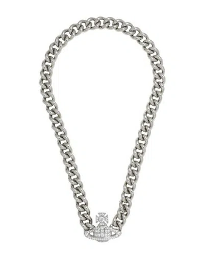 Vivienne Westwood Woman Necklace Silver Size - Brass, Cubic Zirconia In Brown