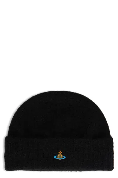Vivienne Westwood Women Black Logo Textured Beanie Hat, Onesize Luxury Hats For Women Darveys