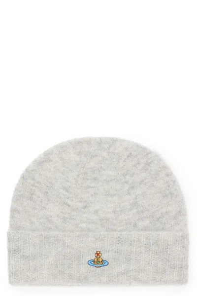 Vivienne Westwood Mens Grey Fluffy Brand-embroidered Alpaca-blend Beanie Hat In Gray