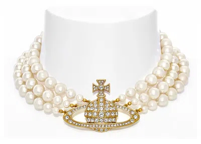 Pre-owned Vivienne Westwood Women's  Choker Three Row Pearl Bas Relief In Gold