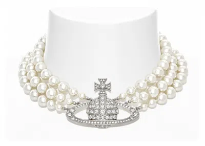 Pre-owned Vivienne Westwood Women's  Choker Three Row Pearl Bas Relief In Silver