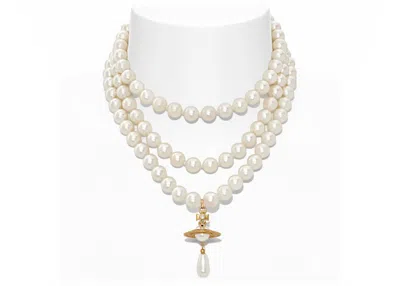 Pre-owned Vivienne Westwood Women's  Choker Three Row Pearl Drop In Gold
