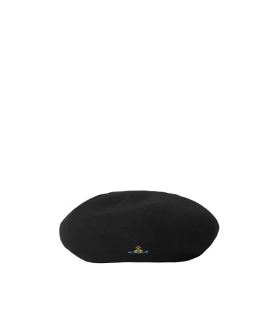 Vivienne Westwood Wool Beret With Multicolor Orb Logo In Black
