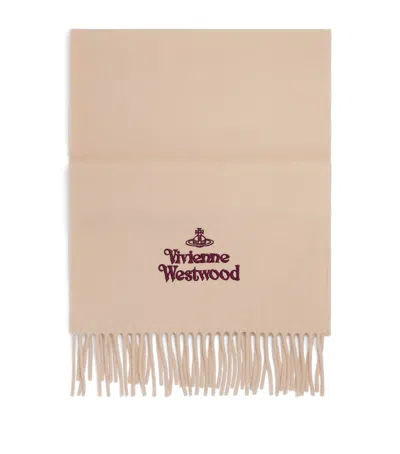 Vivienne Westwood Wool Embroidered Logo Scarf In Beige