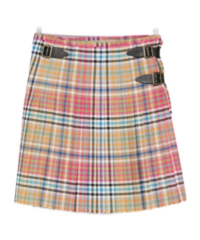 Vivienne Westwood Wool Plaid Pleated Skirt Buckle Frayed Hem In Multi