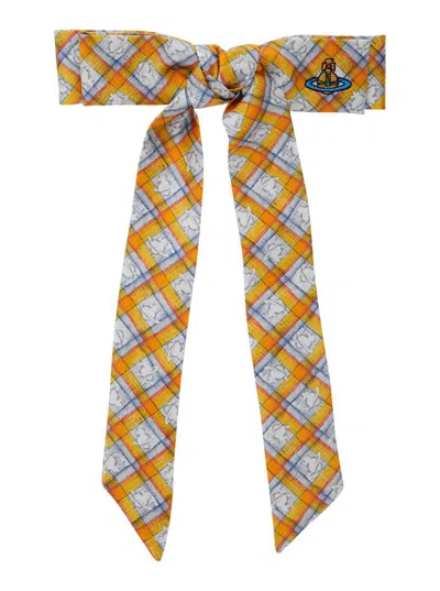 VIVIENNE WESTWOOD YELLOW HAIR CLIP WITH ORB CHECK MOTIF IN SILK WOMAN