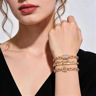 Vivies 18k Gold Plated Bangles Bracelet Set For Women, 3 Pack Zinc Alloy With 3a Zircon Bangle, Dainty Vint In Beige