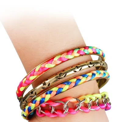 Vivies 4pcs Colorful Woven Burnished Gold Bracelets Set, Colorful In Pink