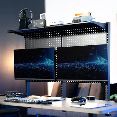 Vivo Black Steel Clamp-on 47" Pegboard With Monitor Mounts & Overhead Shelf