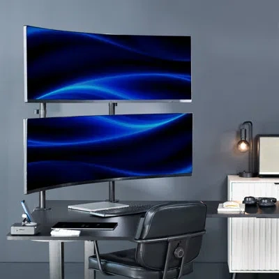 Vivo Dual Ultrawide Stacked Monitor Desk Mount, 2 Poles, 2 Screens Up To 57" In Black