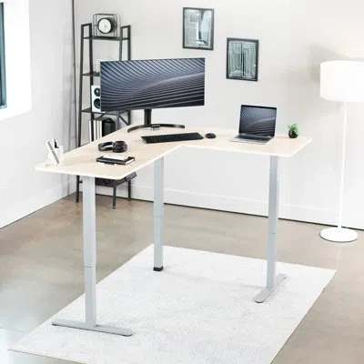 Vivo Electric Corner Desk, L-shaped Workstation In Light Wood,gray