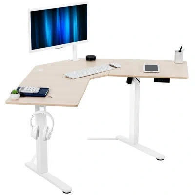 Vivo Electric Corner Standing Desk, L-shaped Workstation (e1l94b Series) In Light Wood,white