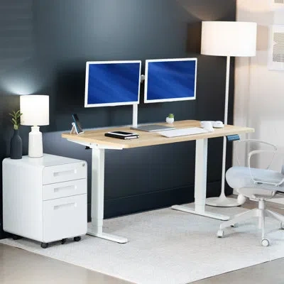 Vivo Electric Stand Up Desk, Table Top, White Frame In Light Wood