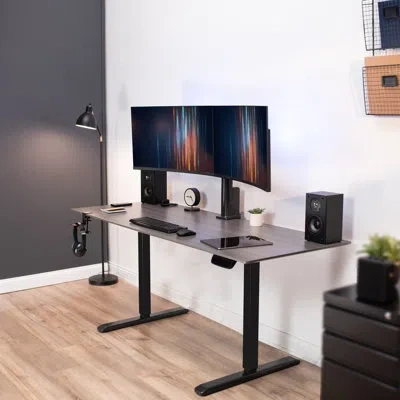 Vivo Single Motor Stand Up Desk Frame With Electric Dual Monitor Mount In Black