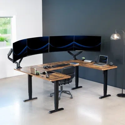 Vivo Vintage Brown / Black U-shaped 83" X 60" Height Adjustable 4-leg Electric Desk