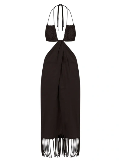 Vix By Paula Hermanny Women's Amra Macramé Fringe Midi-dress In Black