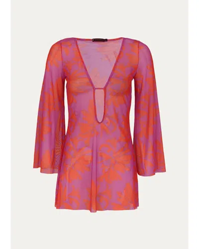 Vix Lidi Sheer Floral Cover-up Mini Dress In Pink