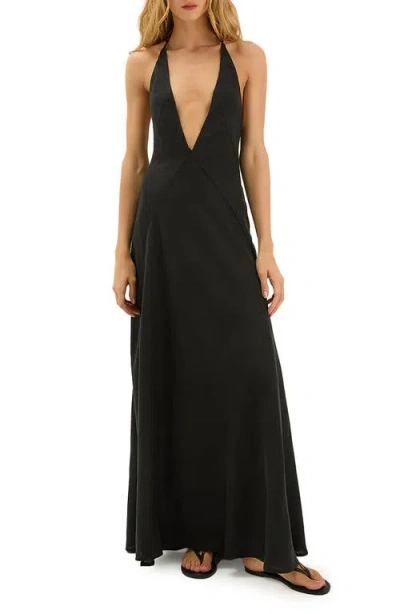 Vix Paula Hermanny Marbella Plunge Open Back Linen & Cotton Cover-up Sundress In Black