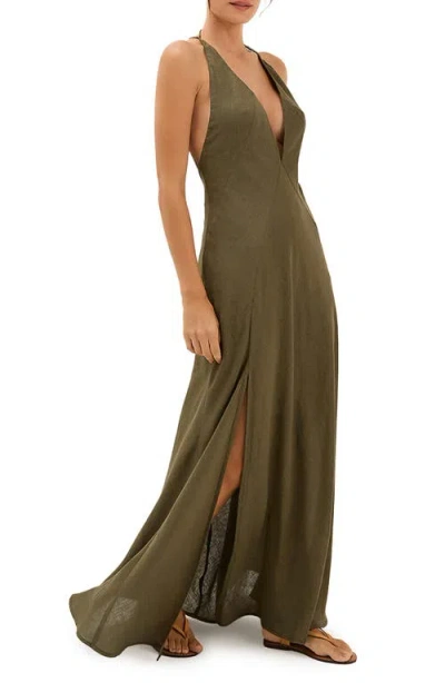 Vix Paula Hermanny Marbella Plunge Open Back Linen & Cotton Cover-up Sundress In Green