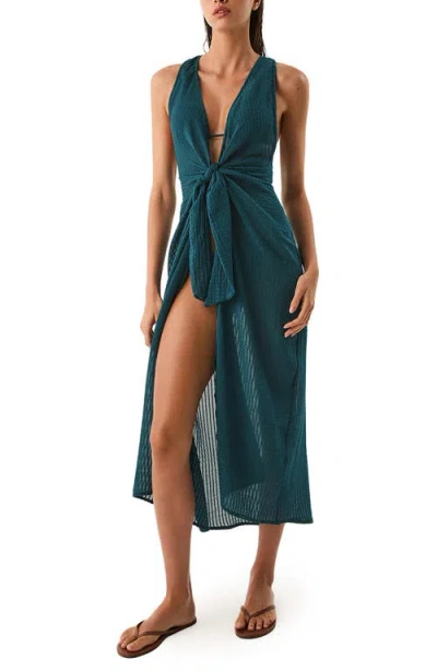 Vix Paula Hermanny Mita Plunge Sleeveless Tie Front Semisheer Cotton Cover-up Dress In Green