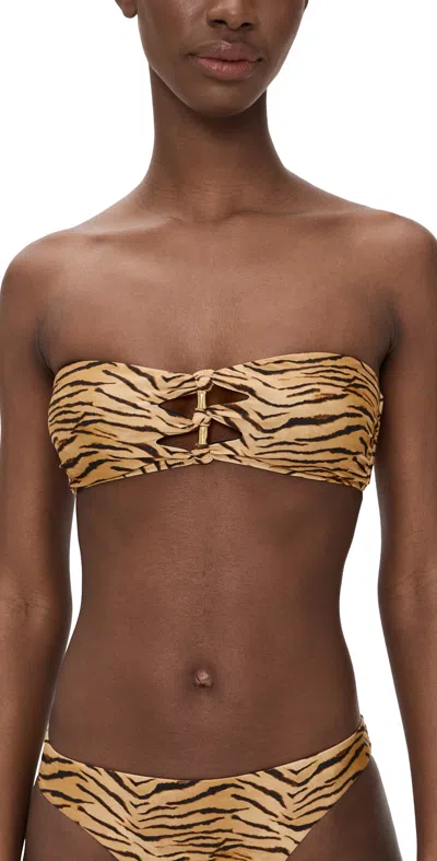 Vix Paula Hermanny Megan Tiger Print Cutout Knotted Bandeau Bikini Top In Brown