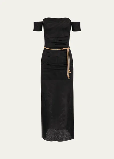 Vix Solid Brine Off-shoulder Mesh Maxi Dress In Black