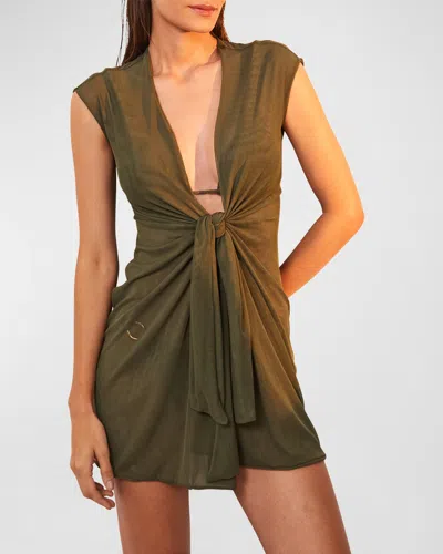 Vix Solid Sasha Mesh Mini Dress Coverup In Evergreen