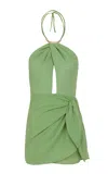 Vix X Bianca Brandolini Solid Camille Wrapped Cotton Halter Mini Dress In Green