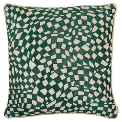 Pre-owned Viya By Vikram Goyal Dreamscape Green Embroidered Checks Cushion Cover Small