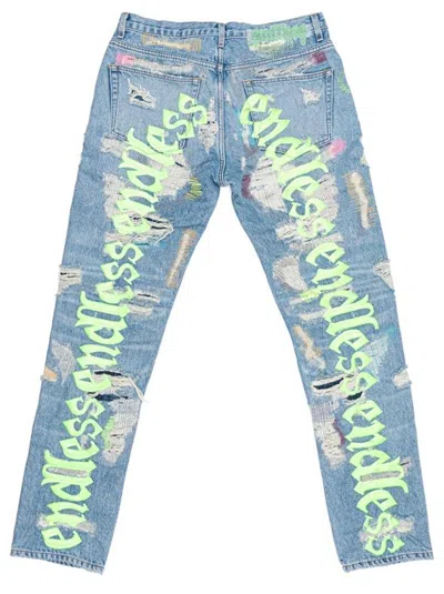 Pre-owned Vlone Men's  X Endless Embroidered And Distressed Denim Jeans In Neon Green