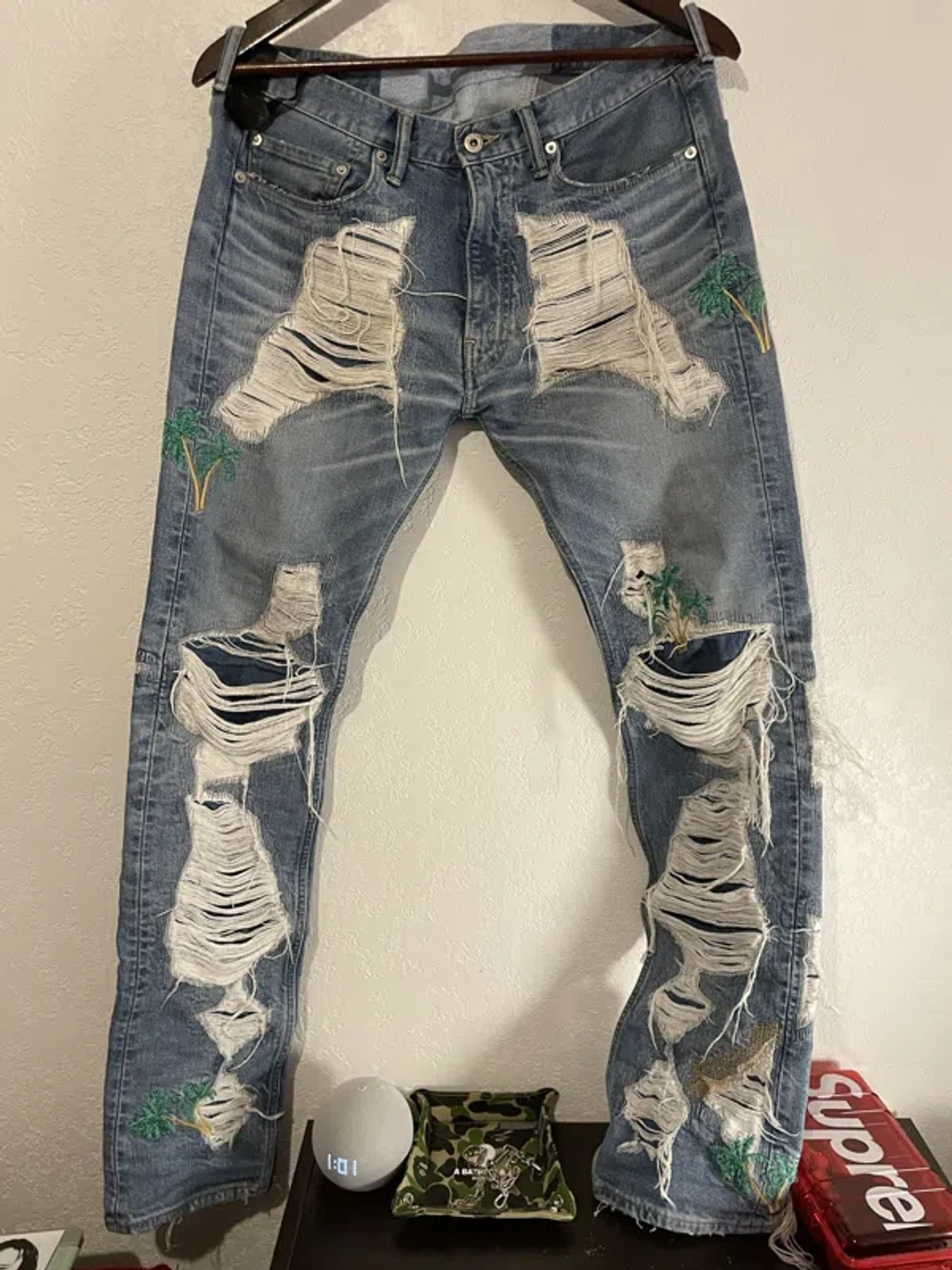 Pre-owned Vlone Palm Tree Distressed Denim In Blue ModeSens