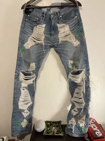 Pre-owned Vlone Palm Tree Distressed Denim In Blue