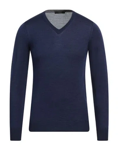 Vneck Man Sweater Navy Size 48 Merino Wool, Silk In Navy Blue