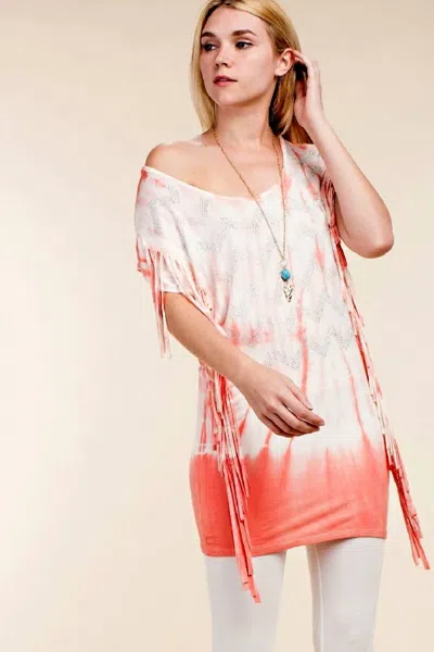 Vocal Apparel Boho Fringe Tie Dye Top With Rhinestone Chevron In Coral In Multi