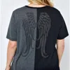 VOCAL APPAREL COLOR BLOCK PLUS TOP WITH RHINESTONE ANGEL WINGS ON BACK IN BLACK, GREY