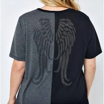 Vocal Apparel Color Block Plus Top With Rhinestone Angel Wings On Back In Black, Grey