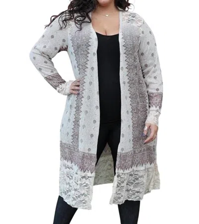 Vocal Apparel Curvy Lace Contrast Cardigan In Taupe In Gray