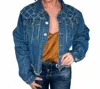 VOCAL APPAREL ELSIE RHINESTONE CHAIN DETAILED YOKE DENIM JACKET IN BLUE