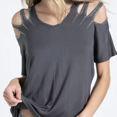 Vocal Apparel Laser Cut Stone Shoulder Top In Black In Gray
