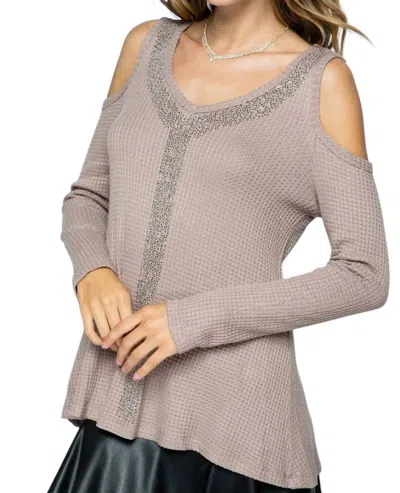 Vocal Apparel Long Sleeve Cold Shoulder Stud Detail Top In Mocha In Gray