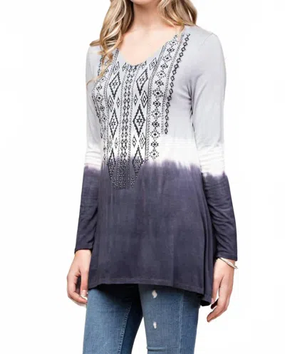 Vocal Apparel Long Sleeve Top With Print & Stone Accent In Black & Gray In Multi