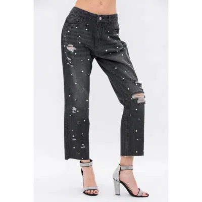 Vocal Apparel Pearl Embellished Ripped Denim Jeans In Black In Gray