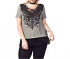 Vocal Apparel Scroll Lace Rhinestone V-neck Top - Plus In Gray In Gray